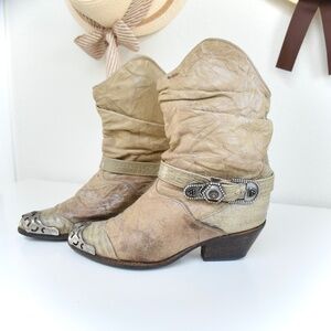 RARE 80s Vintage Zodiac USA Western Slouch Leather Buckle Mid-Calf Heel Boots